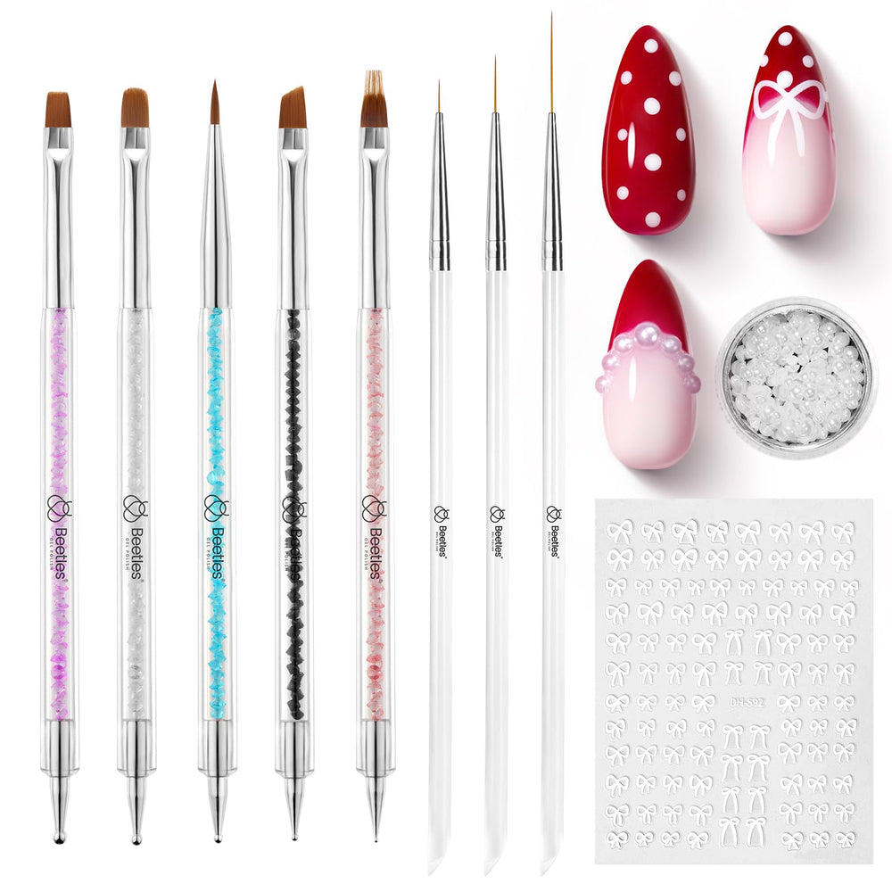 Beetles Nail Art Brushes 8pcs with crystal handles for precise color application.