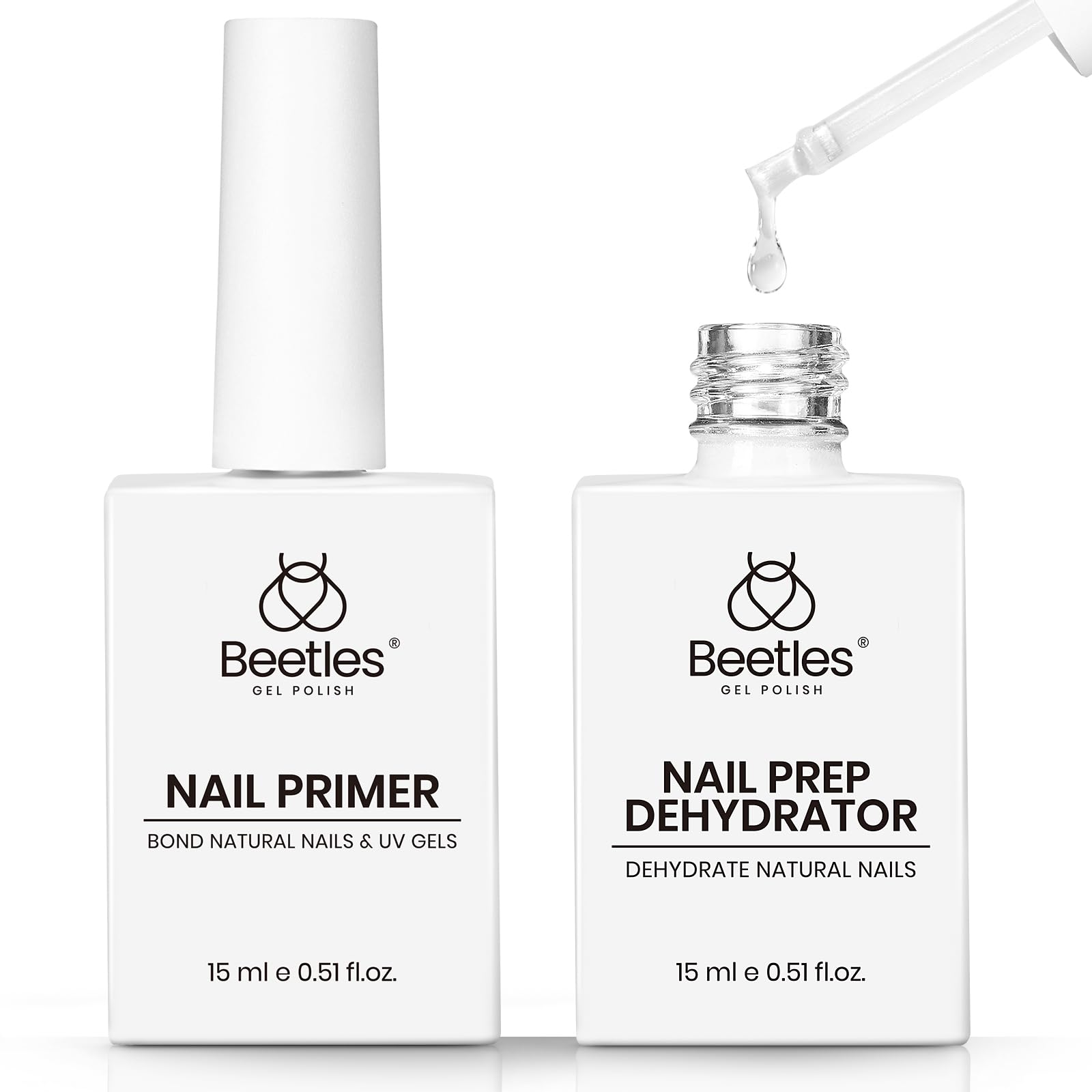 Beetles Nail Dehydrator and Primer acid-free bottles ready for oil-free nail prep.