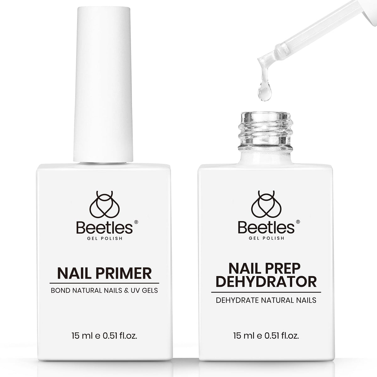 Beetles Nail Dehydrator and Primer acid-free bottles ready for oil-free nail prep.