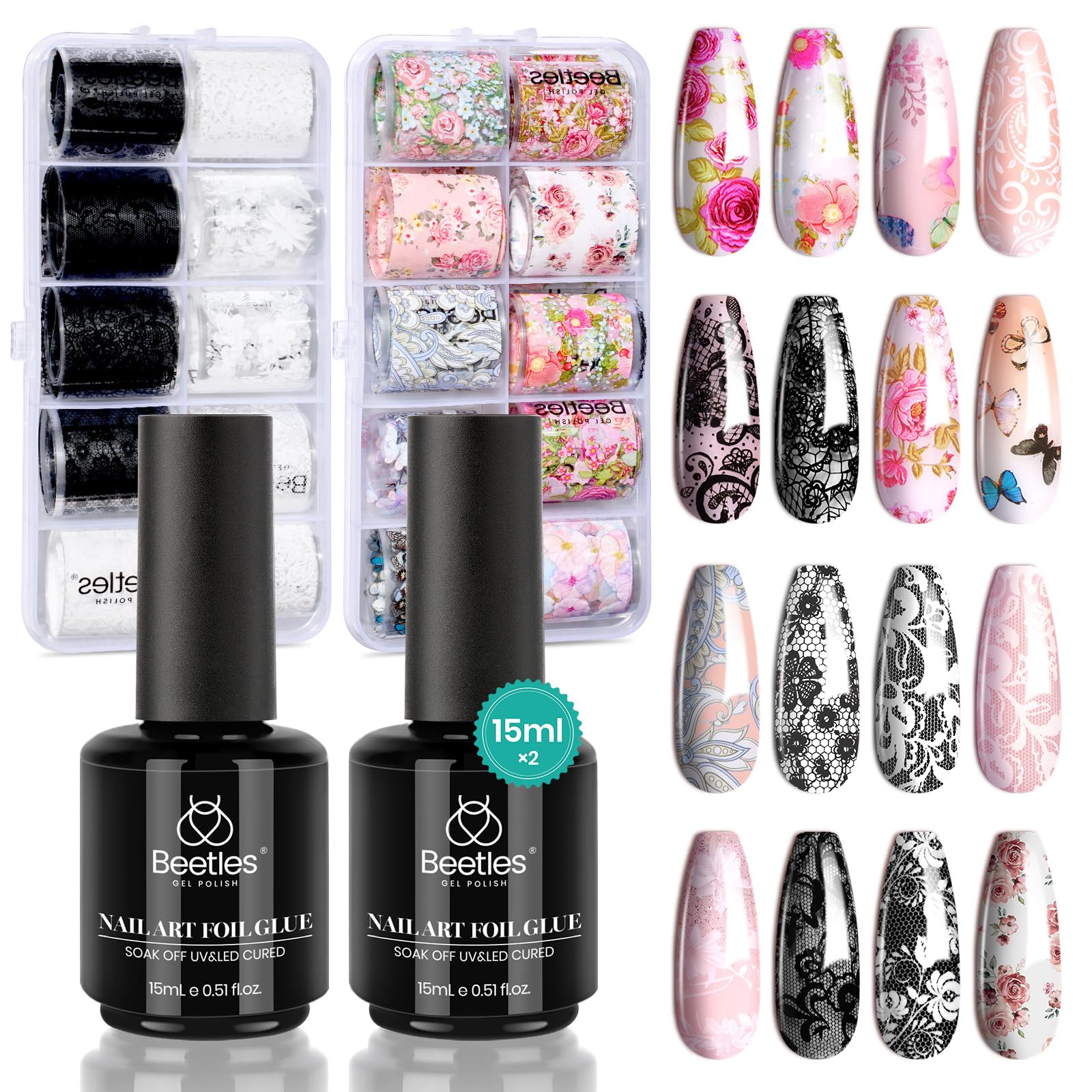 Beetles Nail Foil Glue Gel duo 15ml bottles for at‑home foil transfer