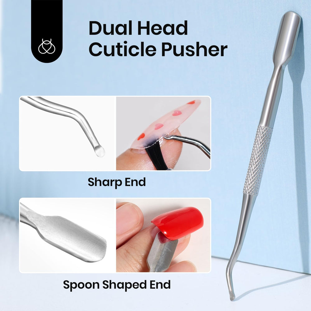 Beetles Nail Glue Remover muestra el empujador de cutícula doble para preparar uñas.