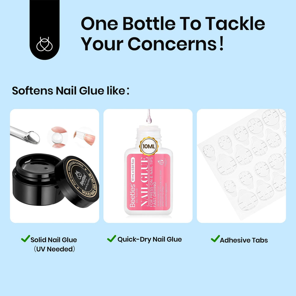 Beetles Nail Glue Remover lado plano elimina residuo de adhesivo de forma suave.