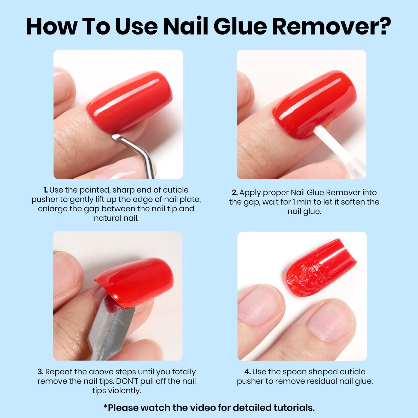 Beetles Nail Glue Remover punta afilada facilita separar adhesivo entre uña y placa.