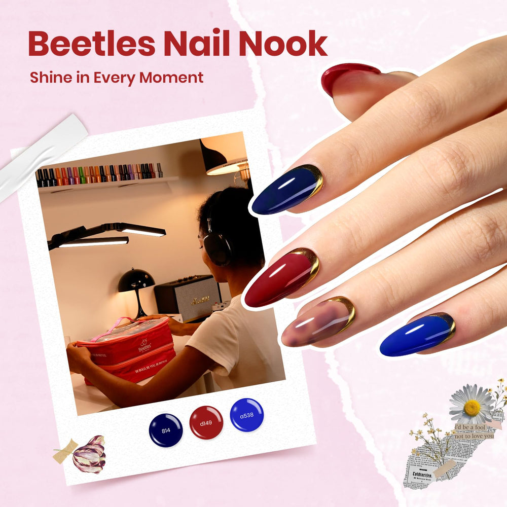 Beetles Nail Nook includes base coat and top coats for complete nail art.