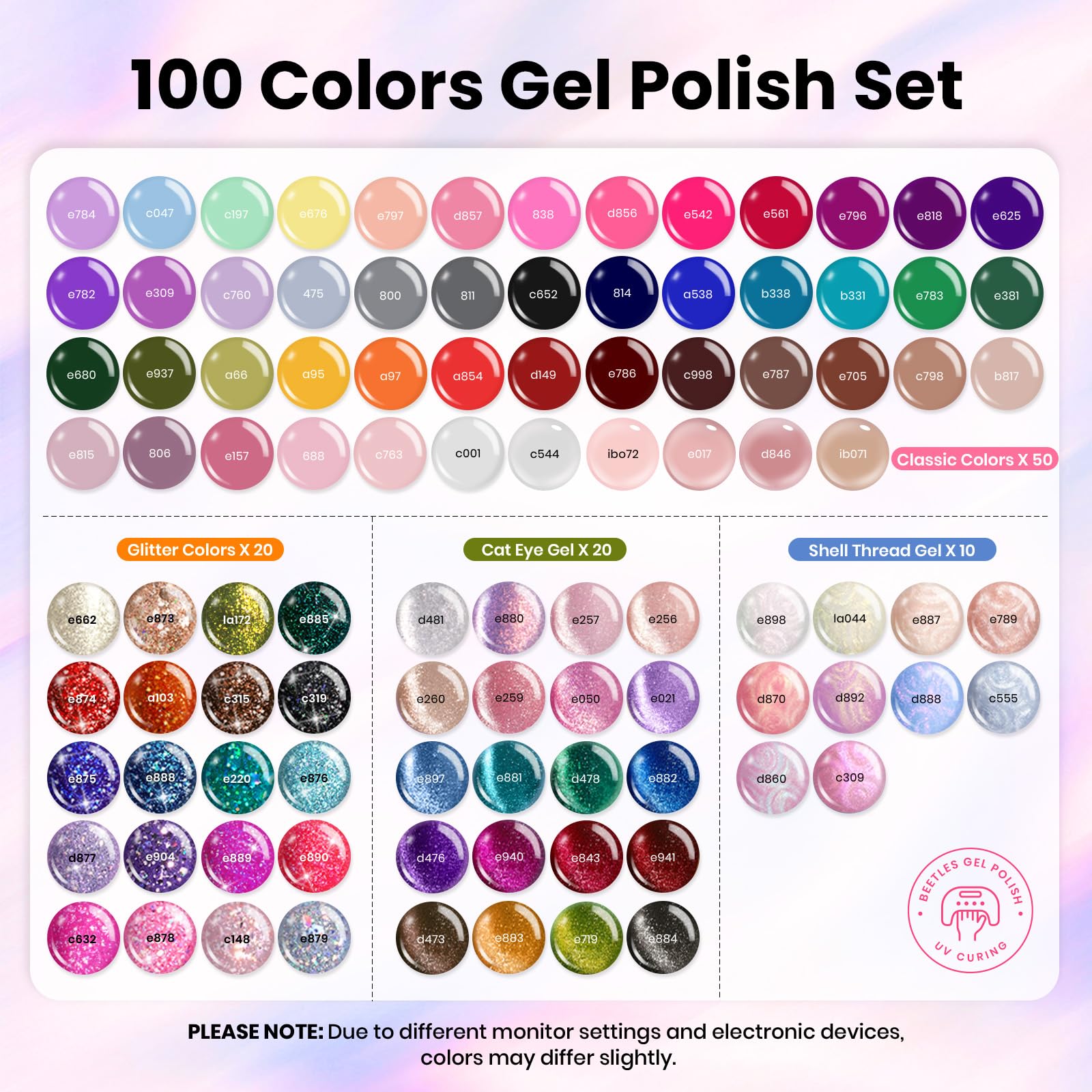Beetles Nail Nook color swatches show 100 colors for quick selection.