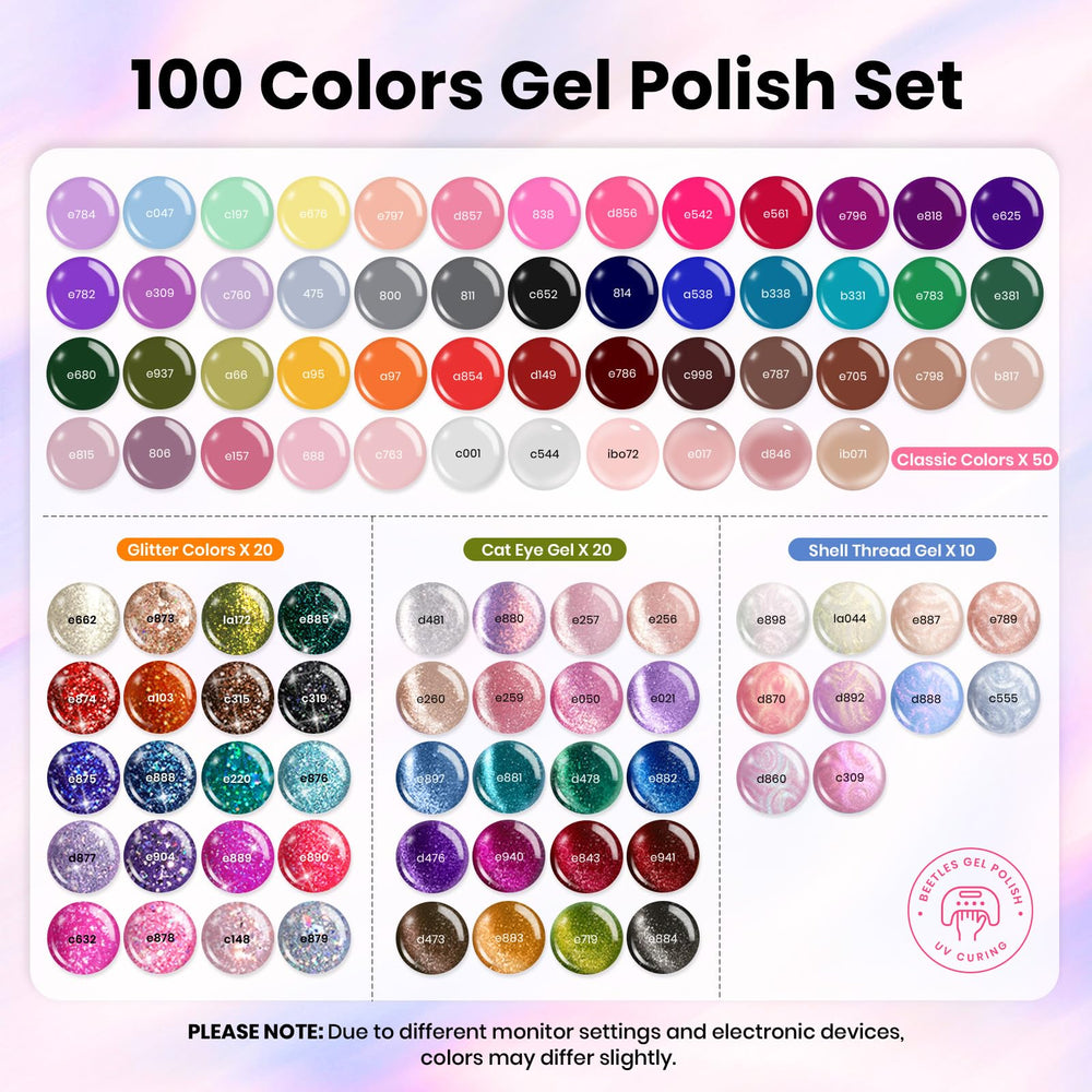 Beetles Nail Nook color swatches show 100 colors for quick selection.