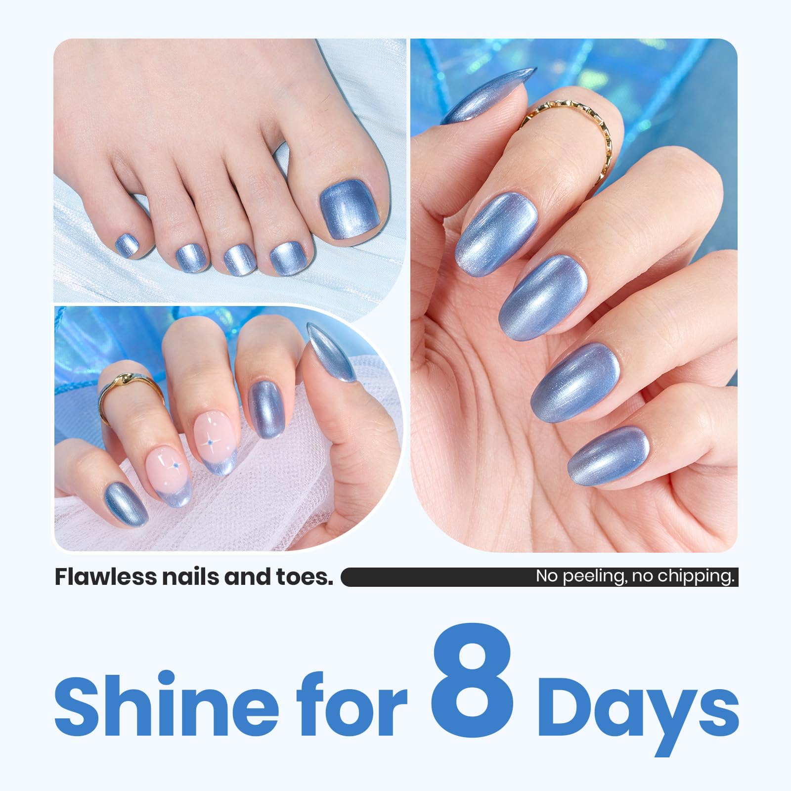 Beetles Blue Glitter Nail Polish bottle and brush show long-lasting sparkle.