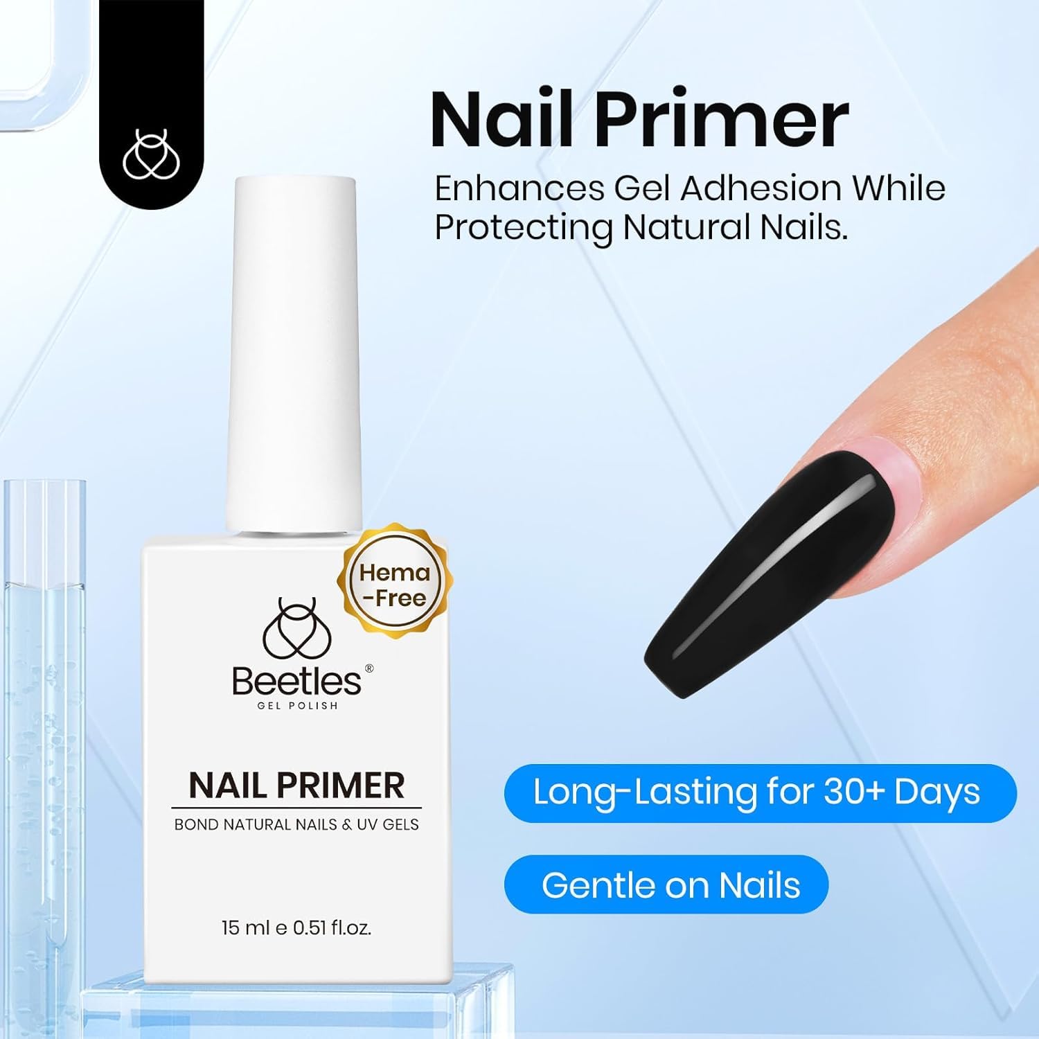 Beetles Nail Primer 15ml bottle closeup promotes durable base coat bonding.
