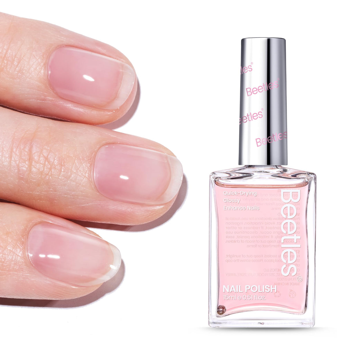 Beetles Nail Strengthener: botella con aplicador rosado para cobertura translúcida y reparación rápida.