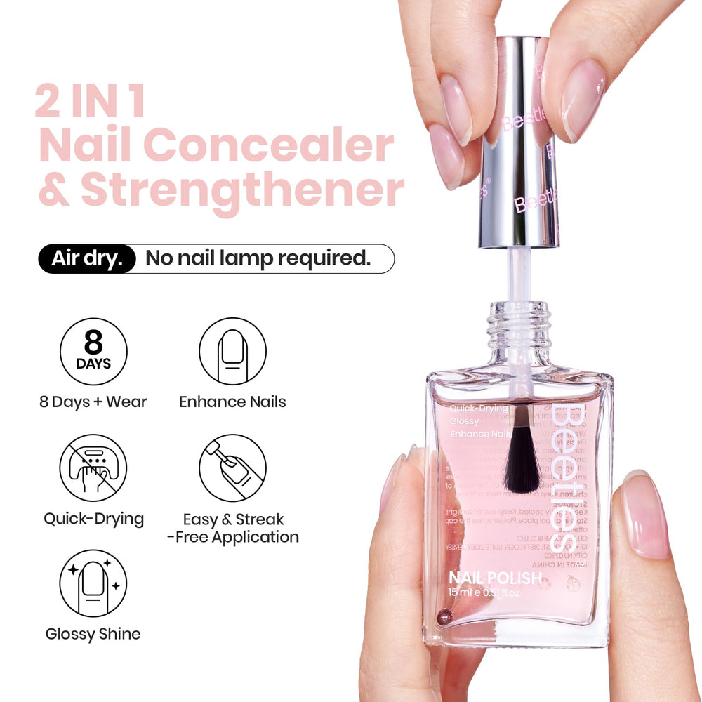 Beetles Nail Strengthener: muestra rosada sobre uña, aporta acabado natural y suave.