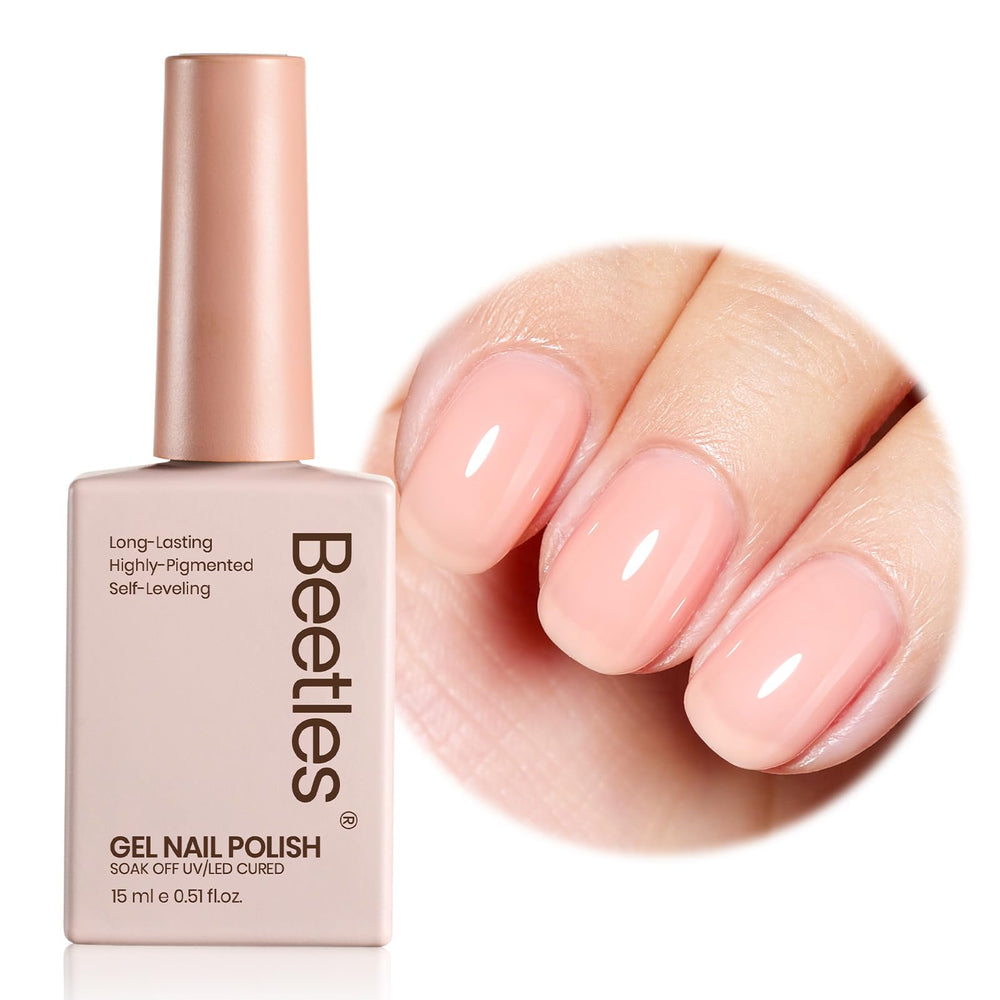 Beetles Nude Gel en tono rosado nude, 15 ml, acabado semitransparente y brillo suave.