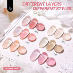 Beetles Nude Gel swatches show six translucent nude shades for buildable color.