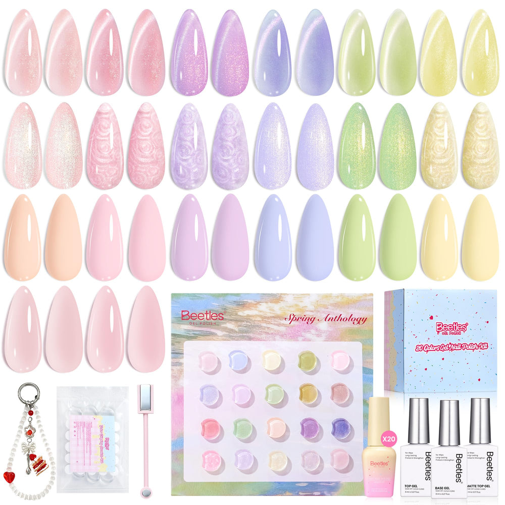 Beetles Pastel Gel Polish Set swatches show 20 colors for spring nails