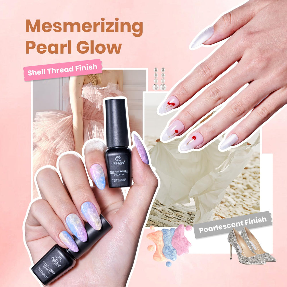 Beetles pearl and glitter gel nail polish close-up for luminous nail art.