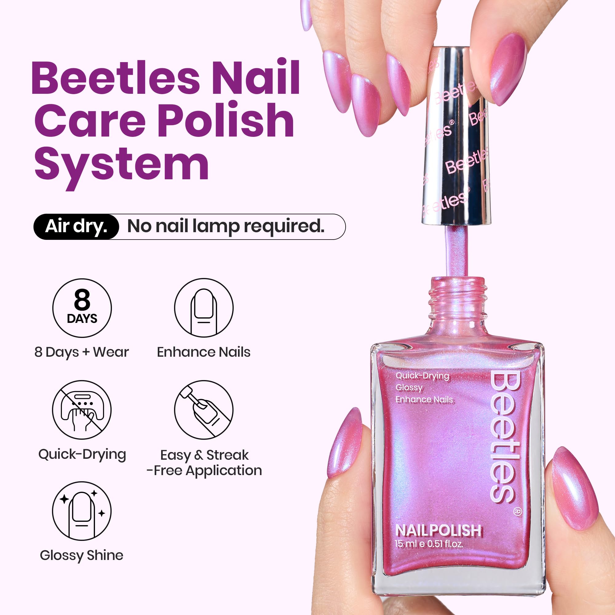 Beetles Pearl Pink Rosy Dream gloss emphasizes a high-shine finish.