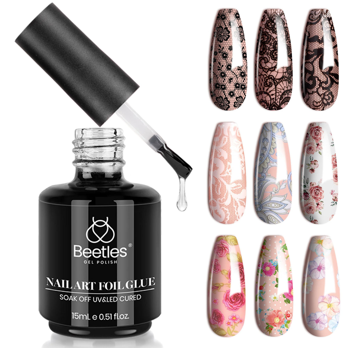 Beetles pegamento para laminas de uñas, frasco de 15 ml para fijar laminas con precision.