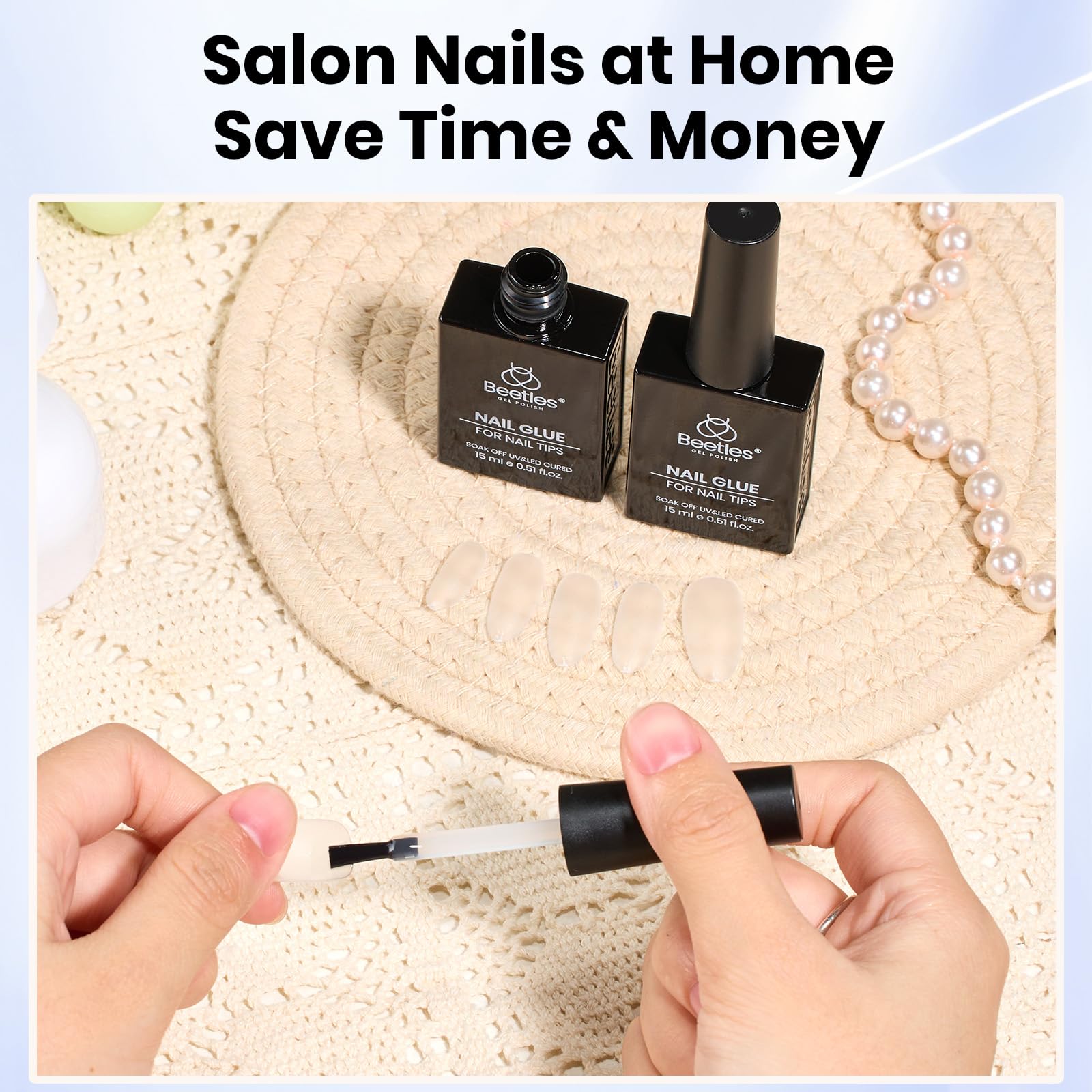 Beetles pegamento uñas claro sin amarillamiento para look natural.
