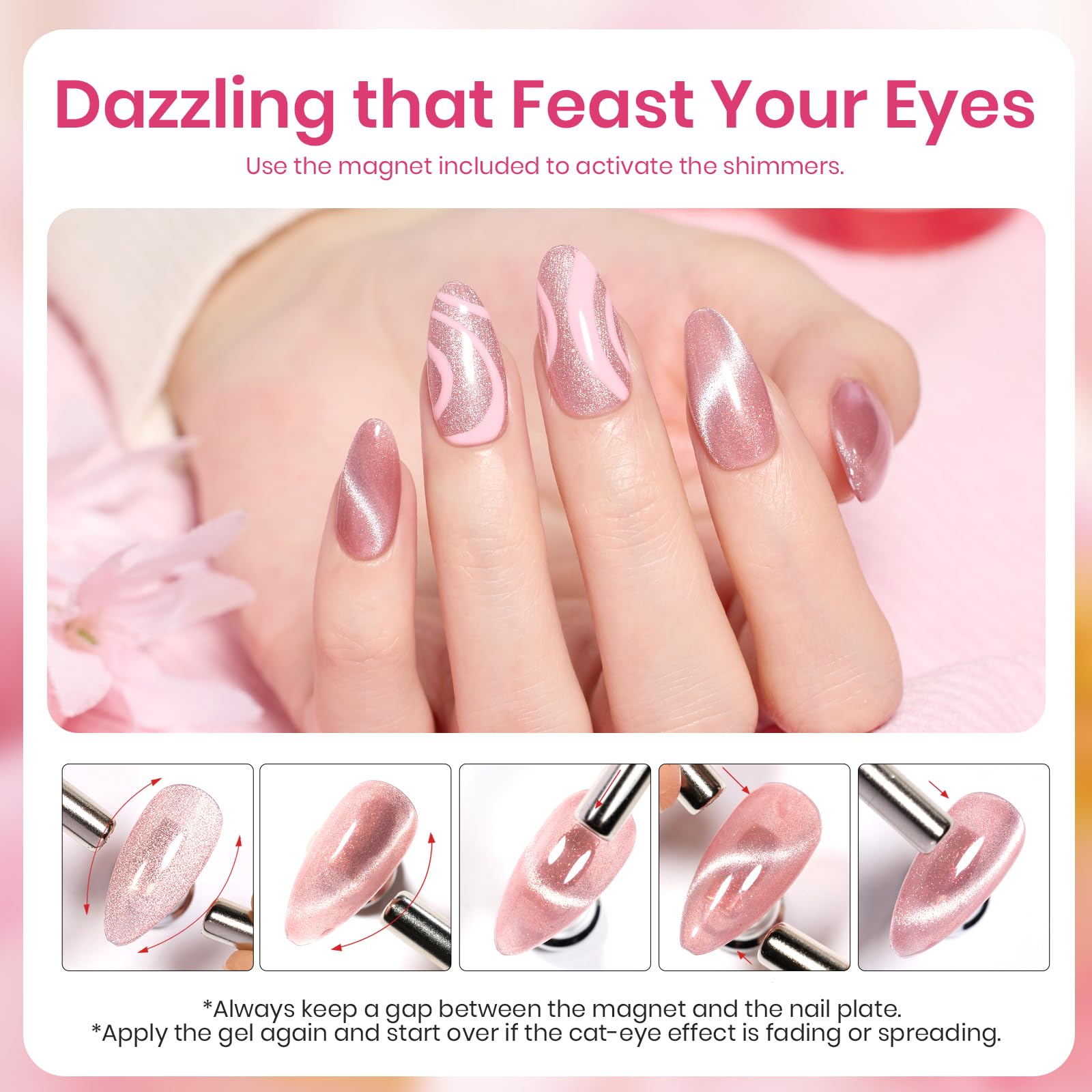 Beetles Pink Cat Eye Gel Polish under UV/LED lamp delivers a gentle pink glow.