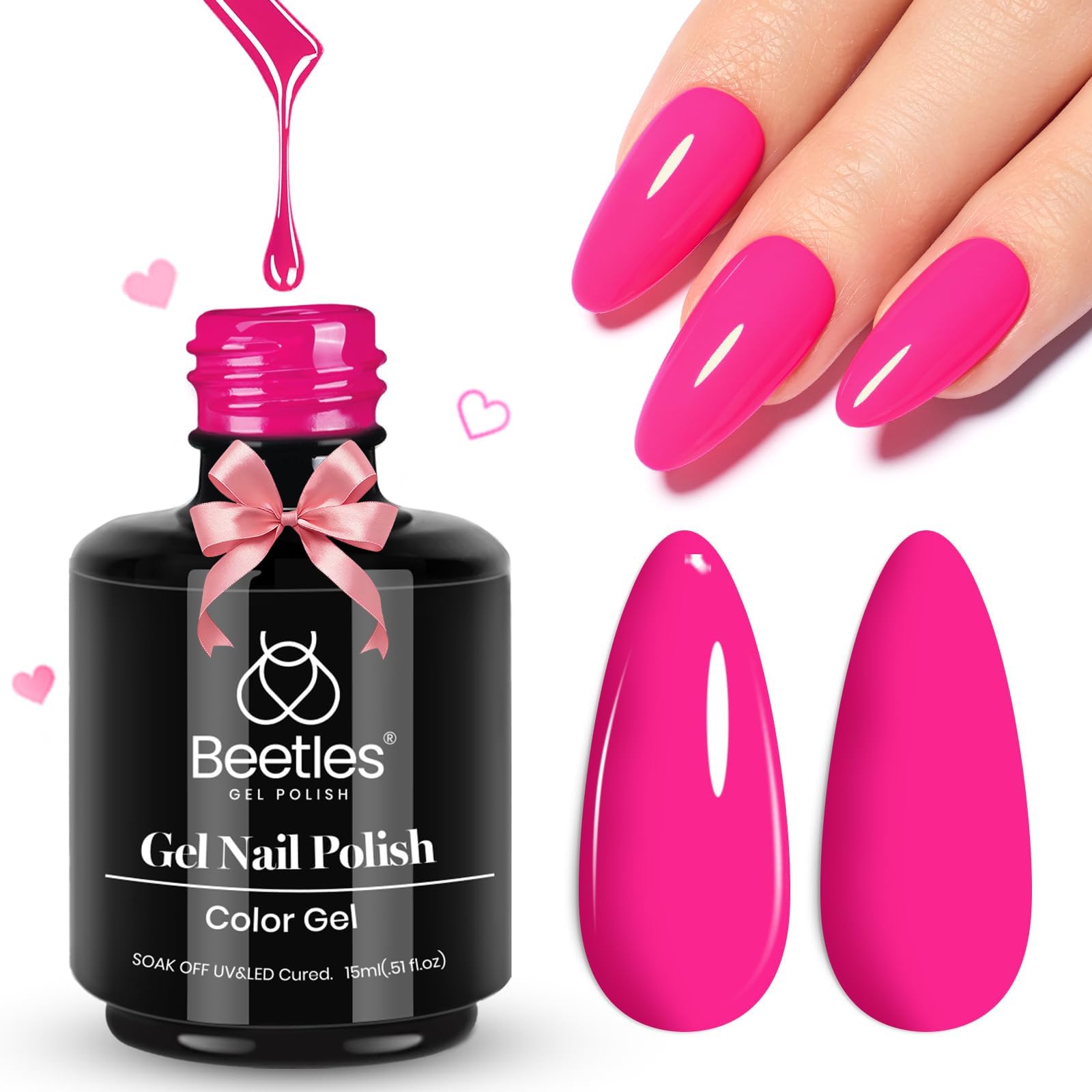 Beetles Pink Gel Nail Polish manicure closeup highlighting neon color