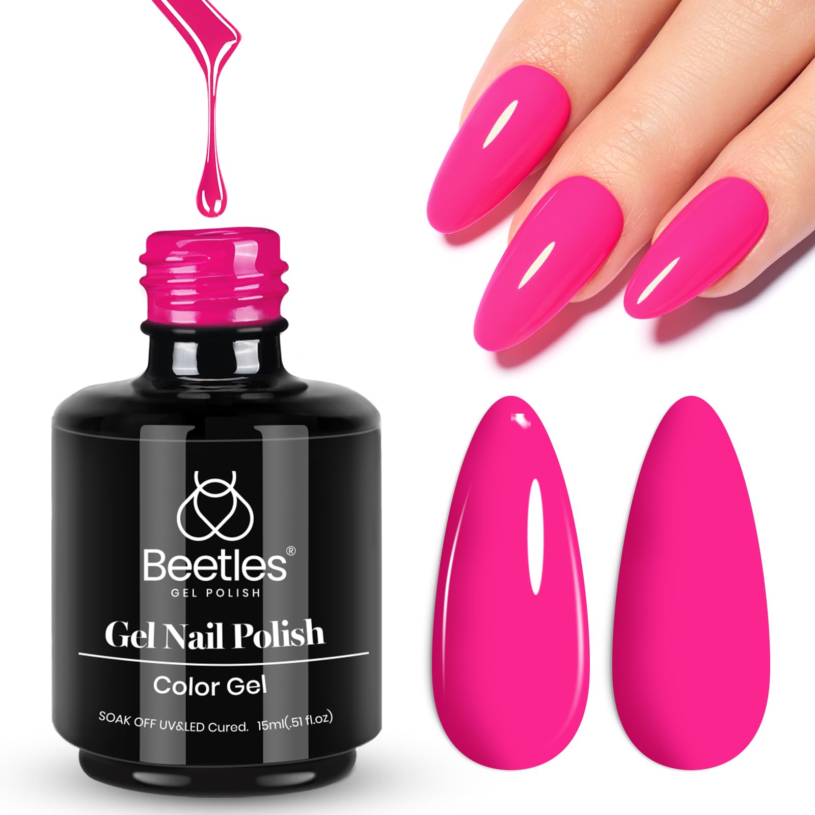 Beetles Pink Gel Nail Polish neon hot pink bottle showing vibrant color for nails