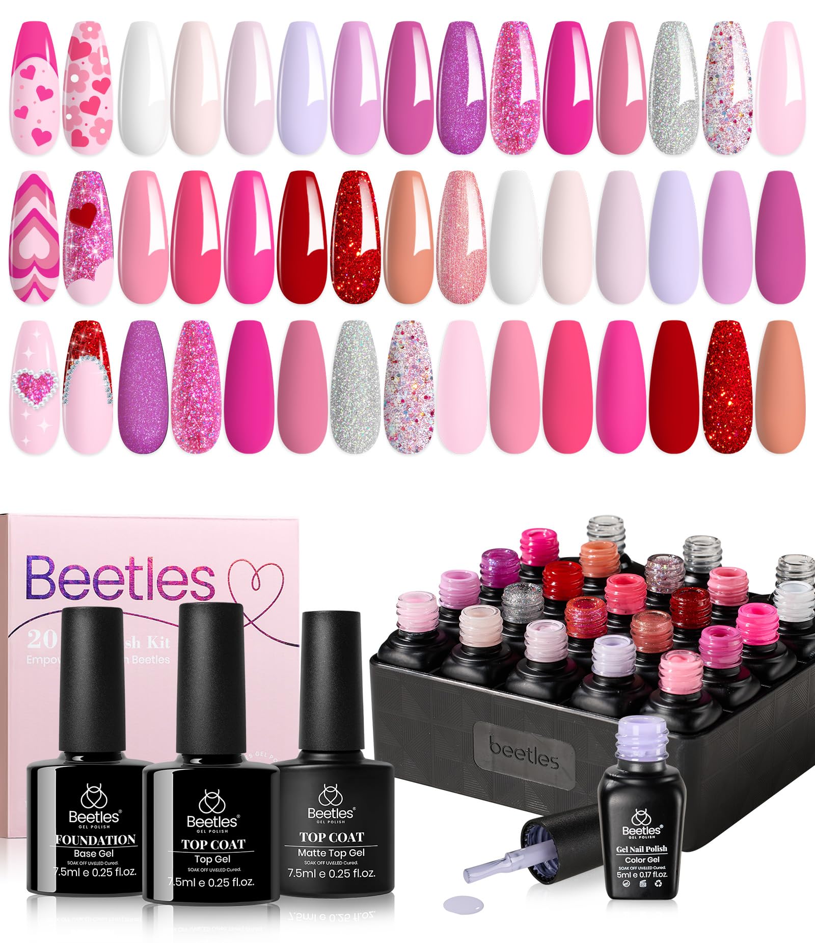 Beetles pink gel polish set with 20 colors for versatile looks.