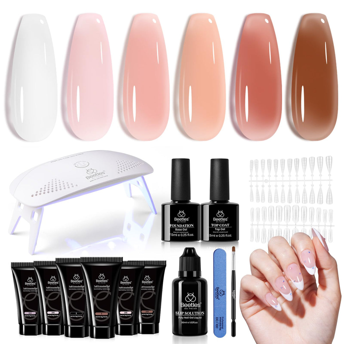 Beetles Poly Nail Gel Kit con colores Jelly Nude para uñas naturales duraderas.