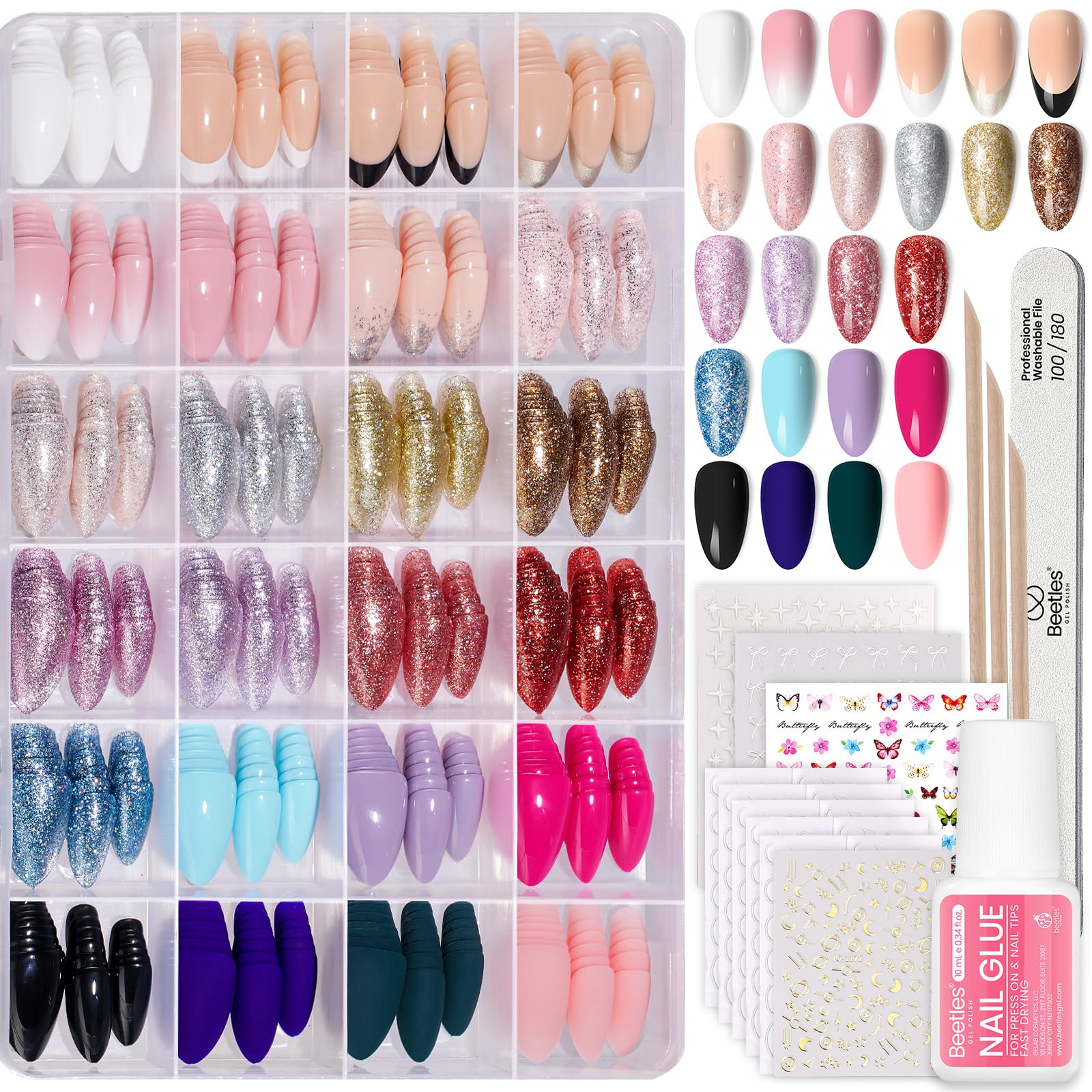 Beetles press-on nails kit with 720 pieces in 24 colors for easy at-home manicures