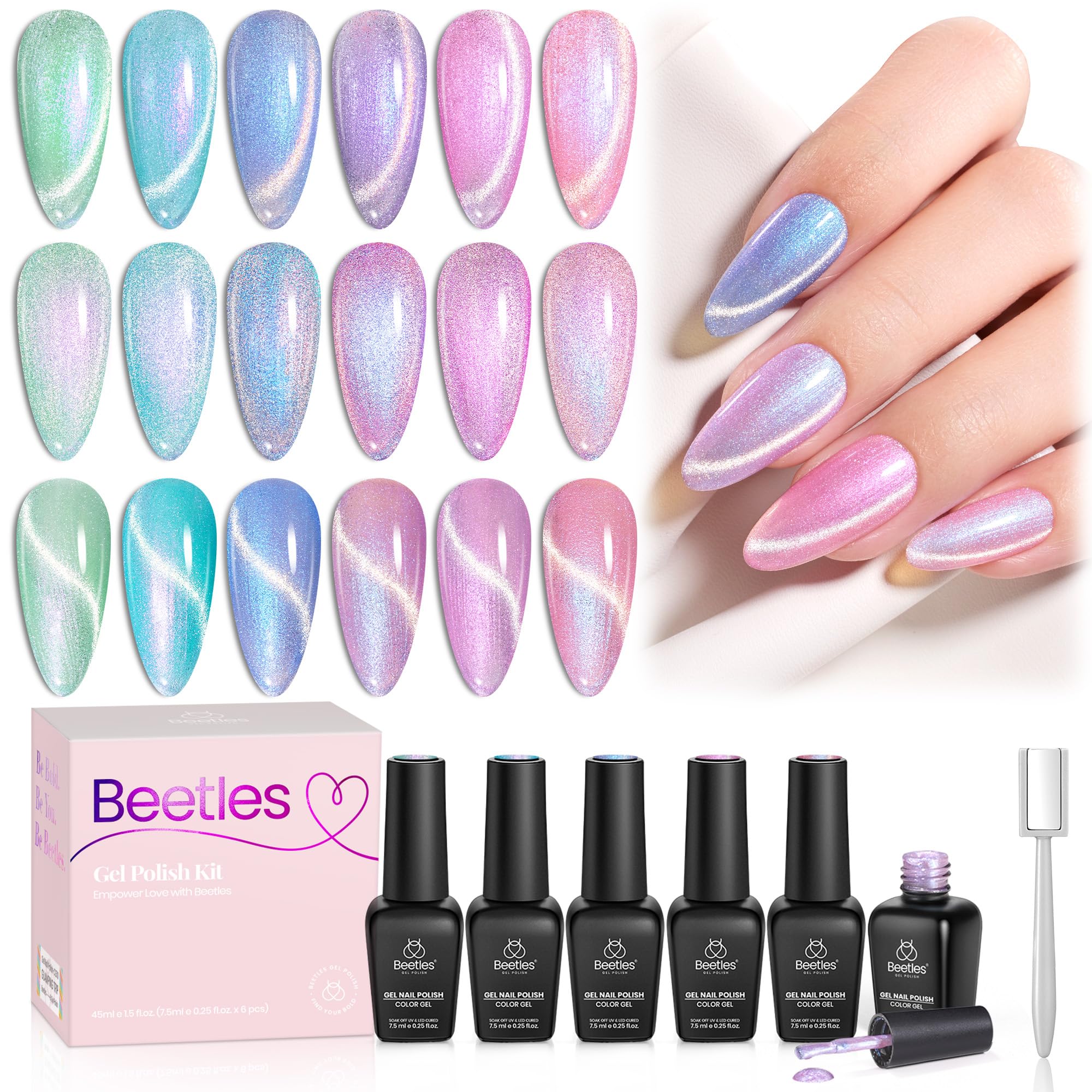 Beetles ojo de gato set de 6 colores, muestra el efecto prismático único.
