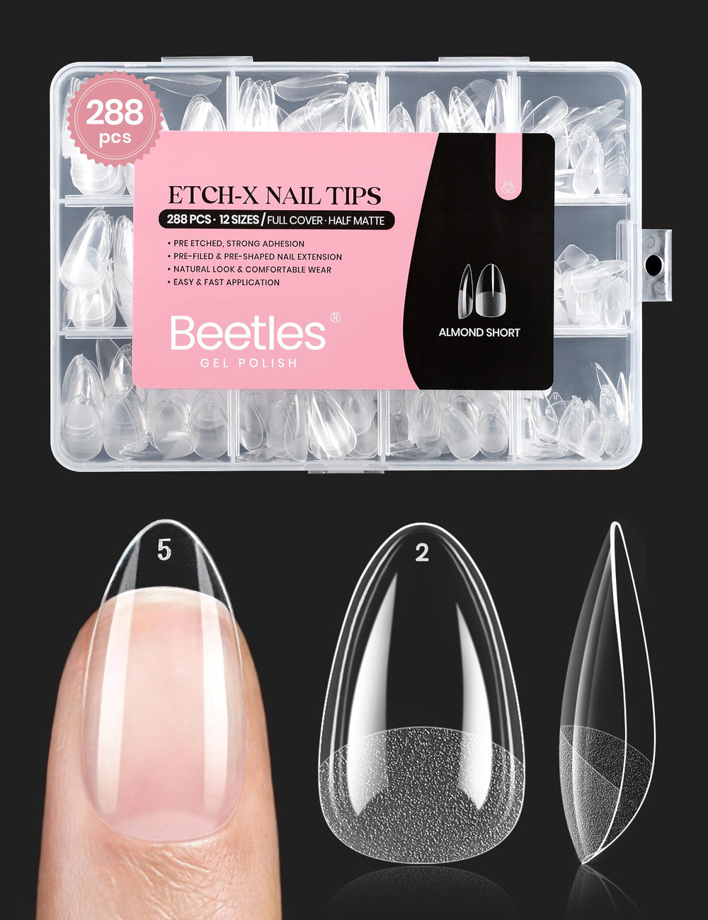 Beetles puntas de gel en almendra cortas para ajuste natural sin limar.