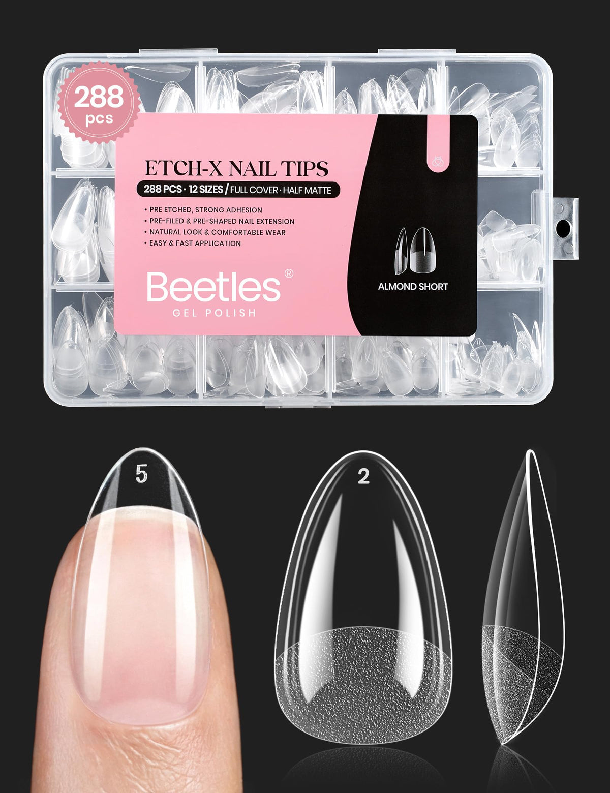 Beetles puntas de gel en almendra cortas para ajuste natural sin limar.