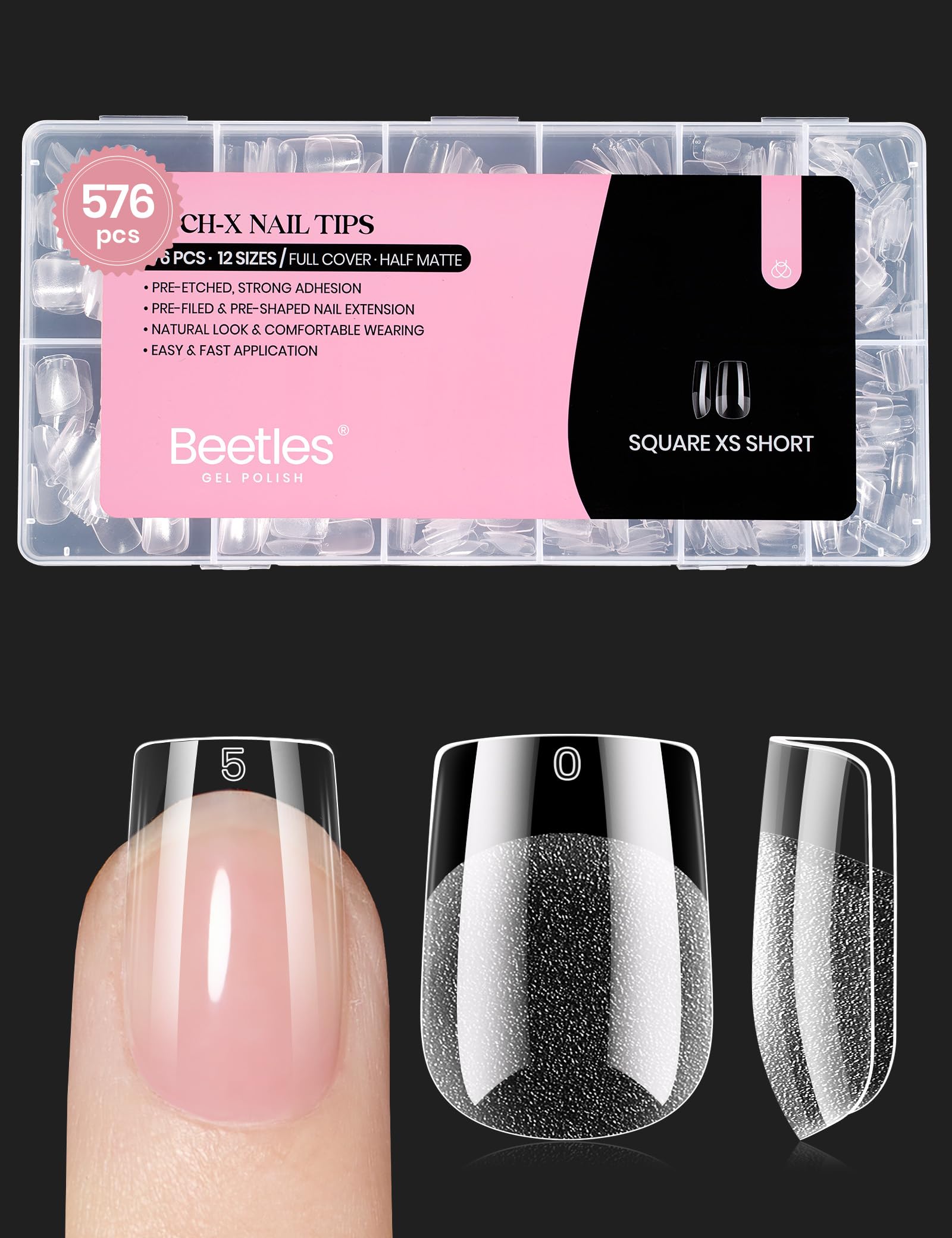 Beetles: puntas uñas cortas cuadradas 576 piezas, aplicación rápida y acabado natural.