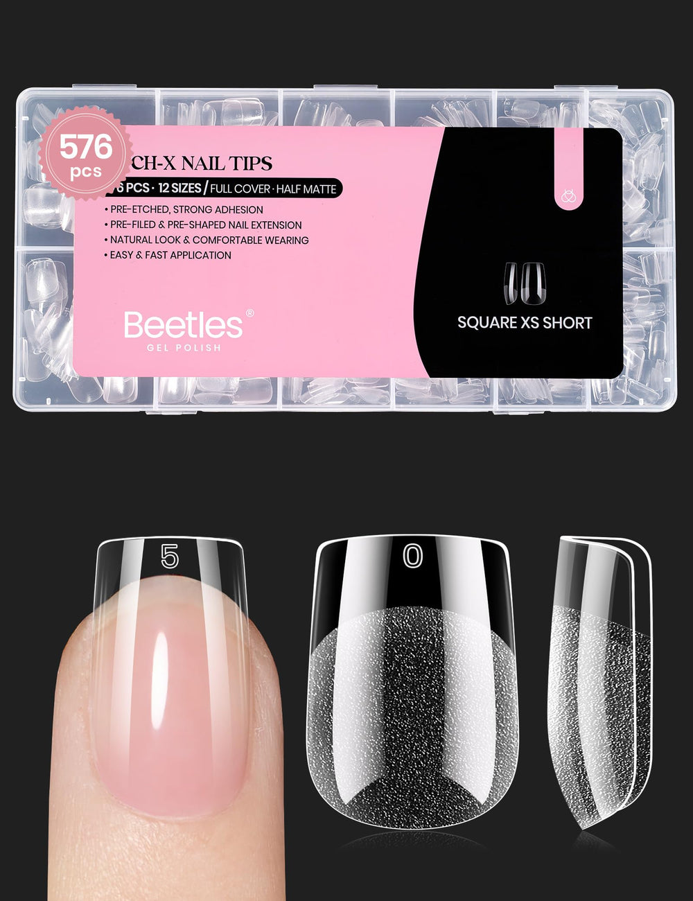 Beetles: puntas uñas cortas cuadradas 576 piezas, aplicación rápida y acabado natural.