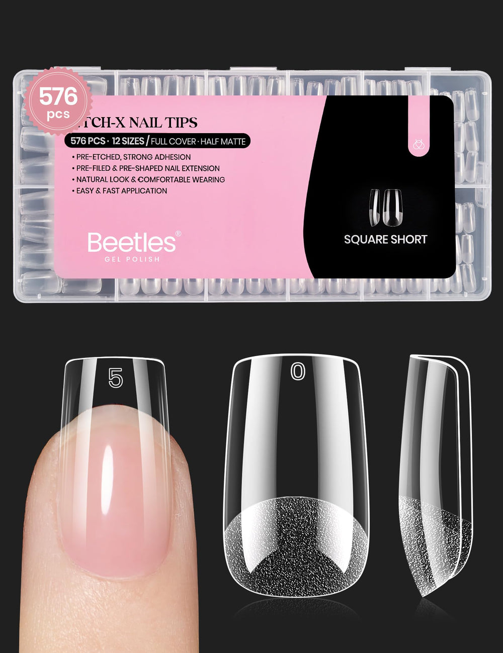 Beetles Gel Nail Tips Etch-X con corte cuadrado corto para manicura duradera en casa