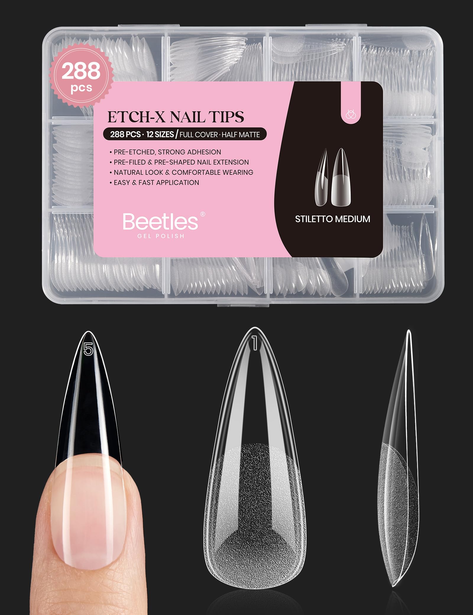 Beetles Puntas de Uñas Gel Etch-X estileto mediano en caja, lista para uso profesional y autoaplicación.