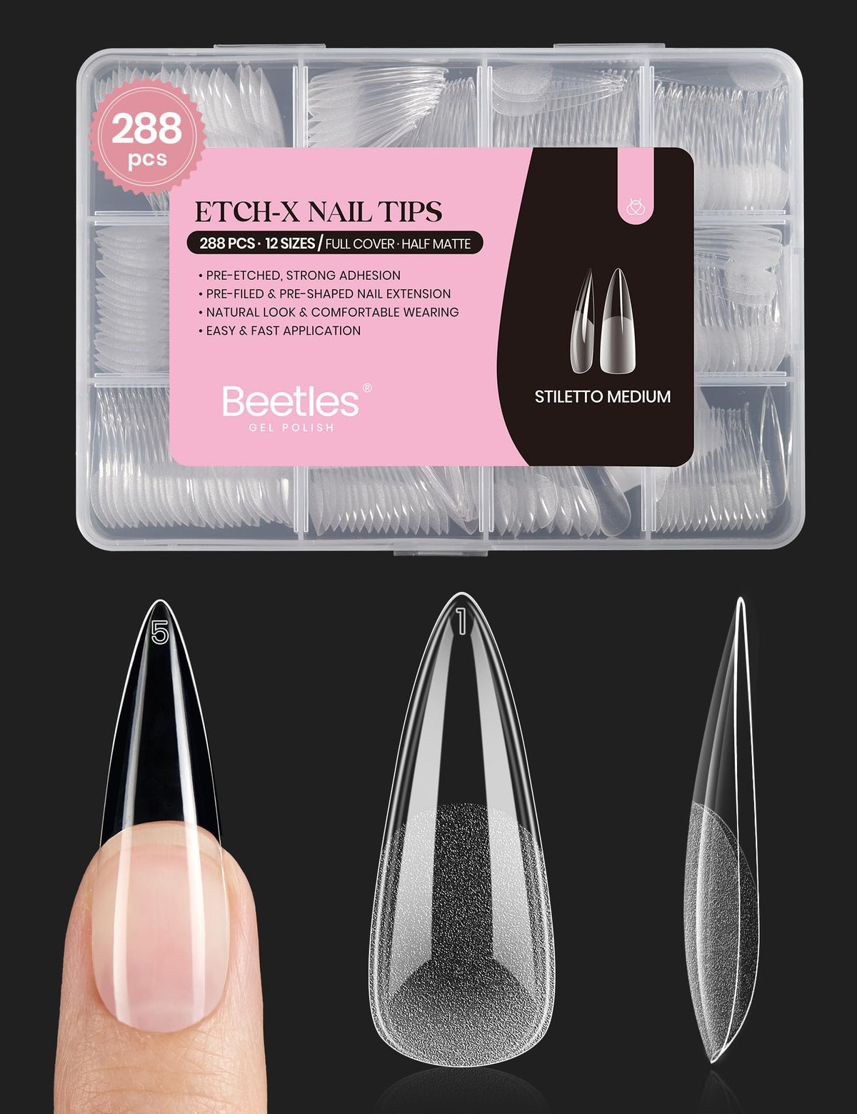 Beetles Puntas de Uñas Gel Etch-X estileto mediano en caja, lista para uso profesional y autoaplicación.