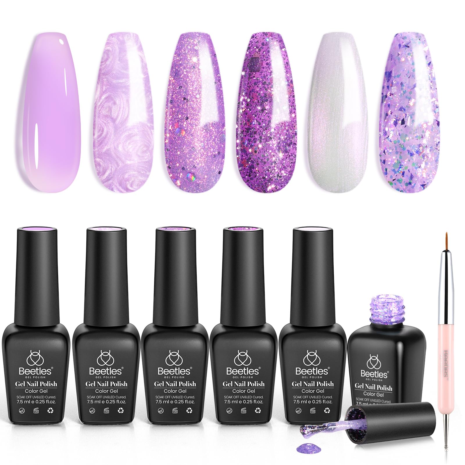 Beetles Purple Gel Polish Set with six shades for at-home manicure variety.