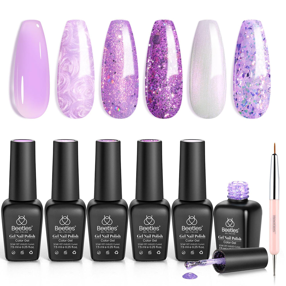 Beetles Purple Gel Polish Set with six shades for at-home manicure variety.