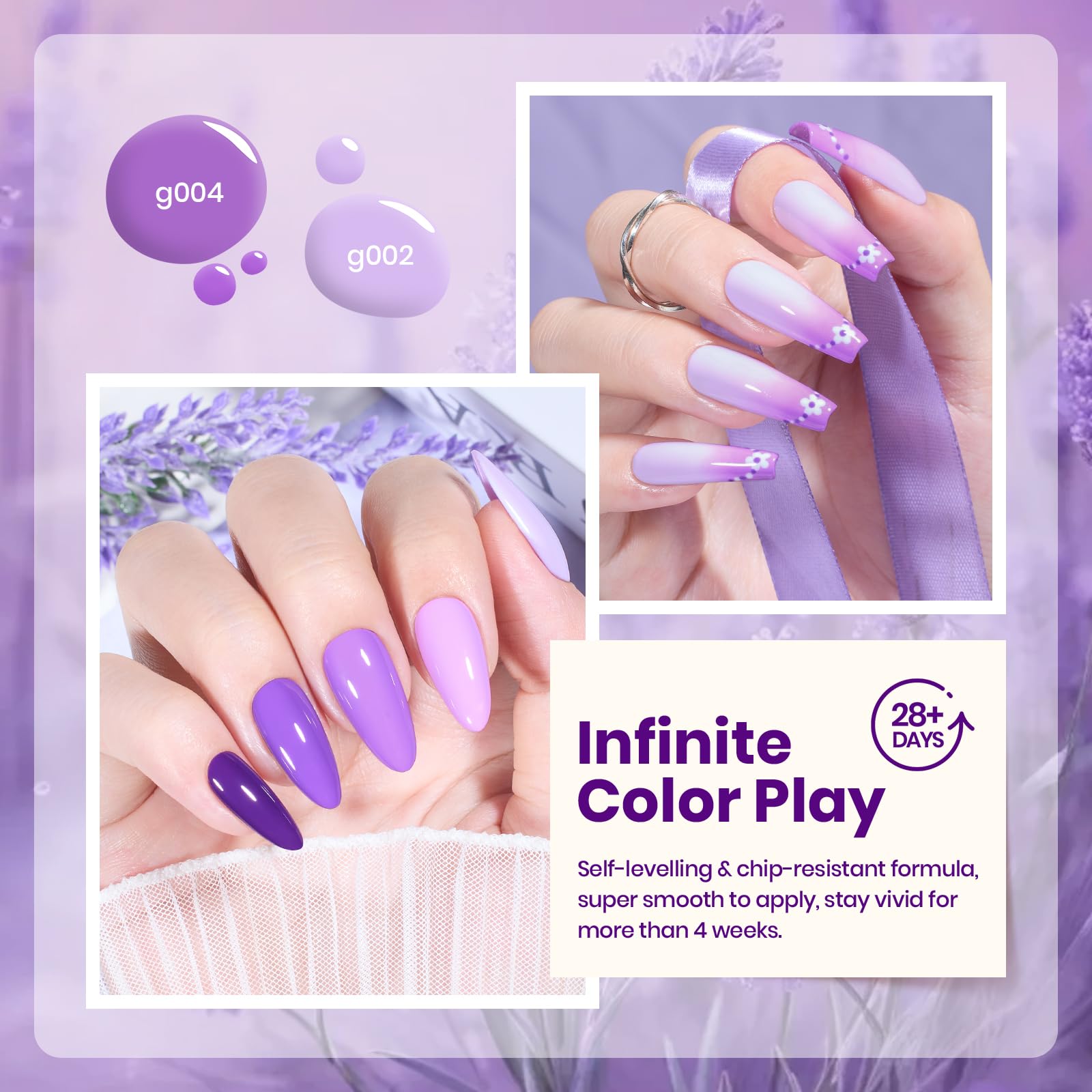 Beetles Purple Gel Polish Set glitter shade closeup emphasizes texture and sparkle.