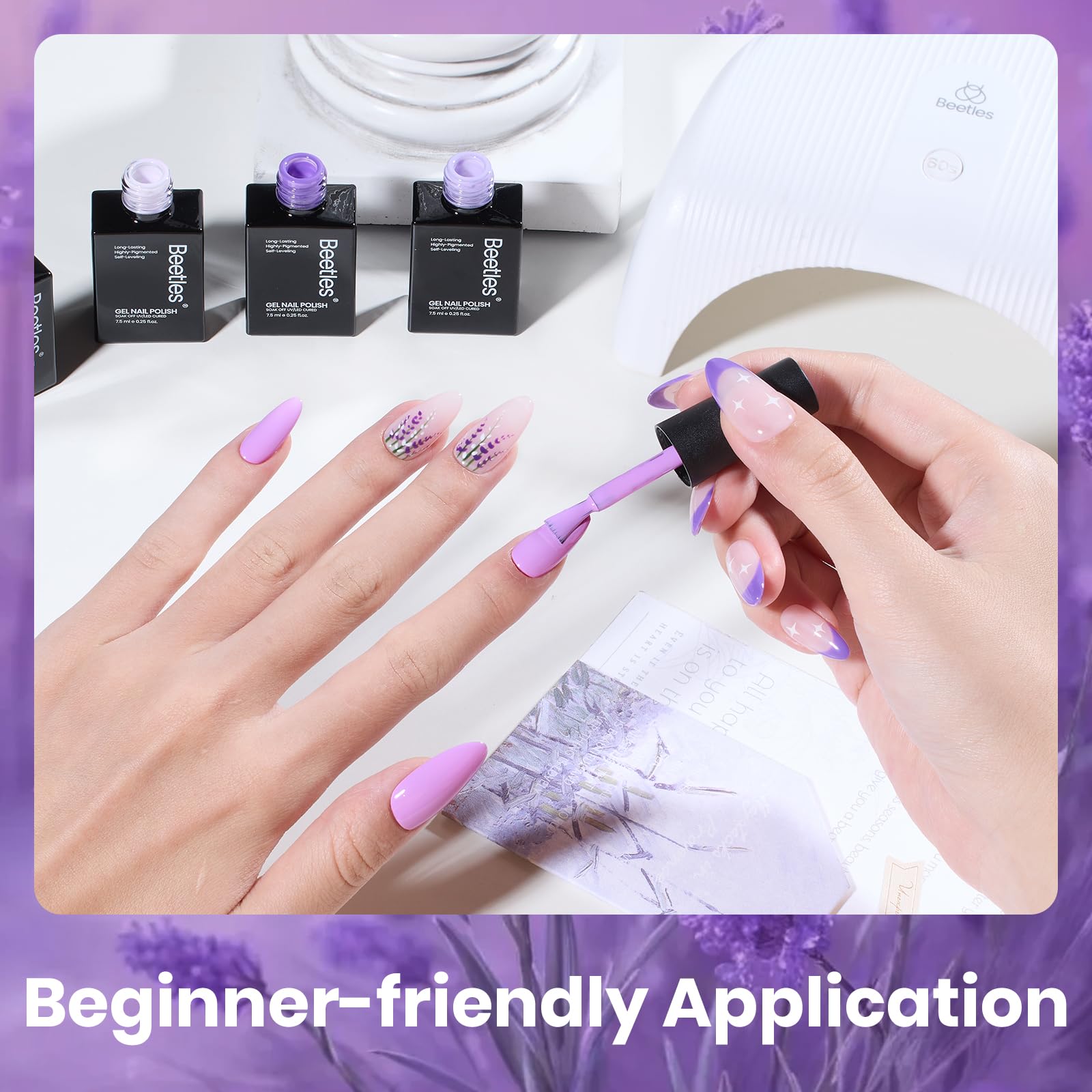 Beetles Purple Gel Polish Set LED cure time shown as 60–120 seconds.
