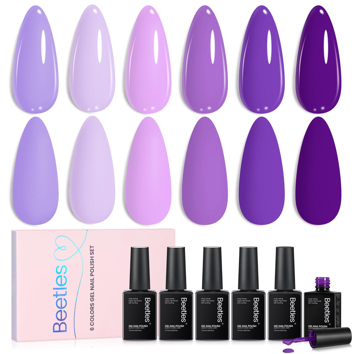 Beetles Purple Gel Polish Set packaging shows the violet shade collection for spring nails.