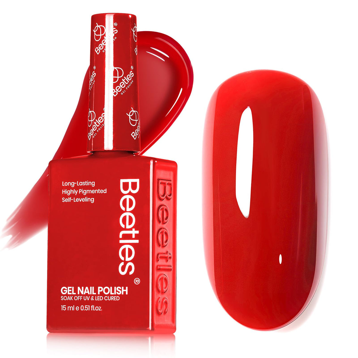 Beetles Red Gel Nail Polish bottle closeup showing vibrant color and sleek packaging