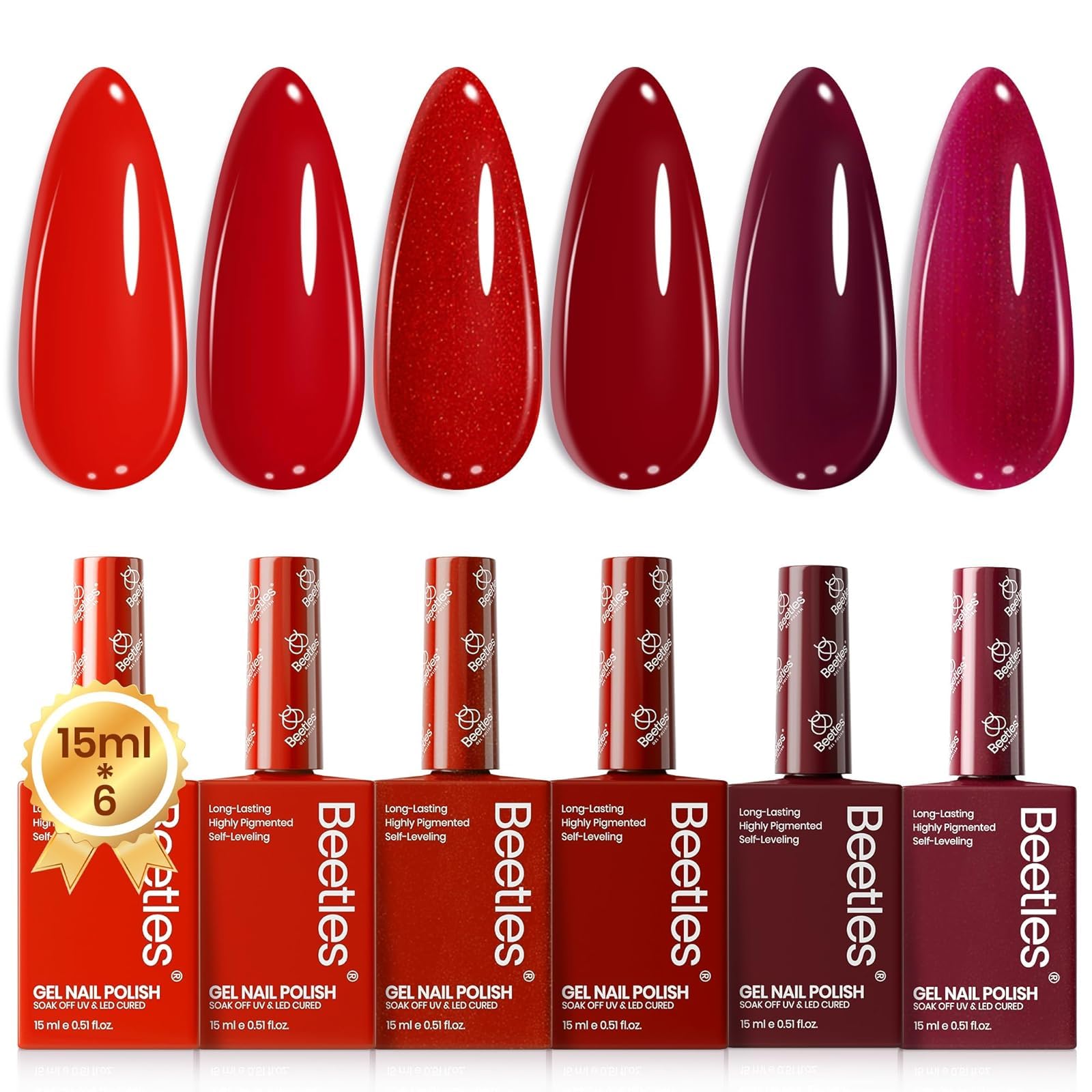 Beetles red gel nail polish set with six colors for versatile manicures.