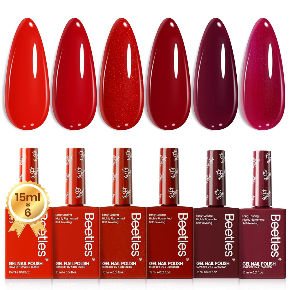 Beetles red gel nail polish set with six colors for versatile manicures.