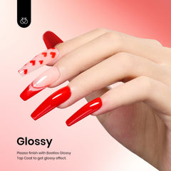 Beetles Red Gel Polish nails close-up shows smooth, glossy finish for long wear