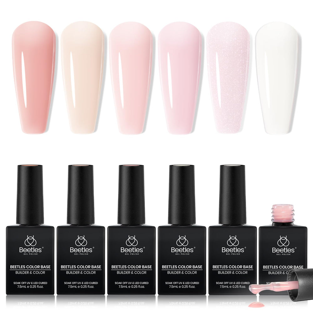 Beetles Rubber Base Builder en blanco nude con brillo, base para uñas duraderas.