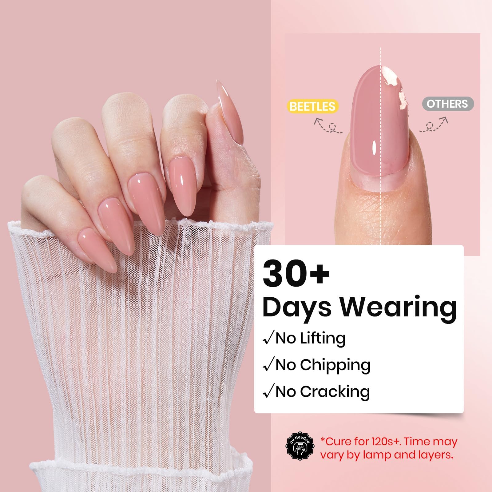 Beetles self-leveling pink gel shown during application for easy shaping.