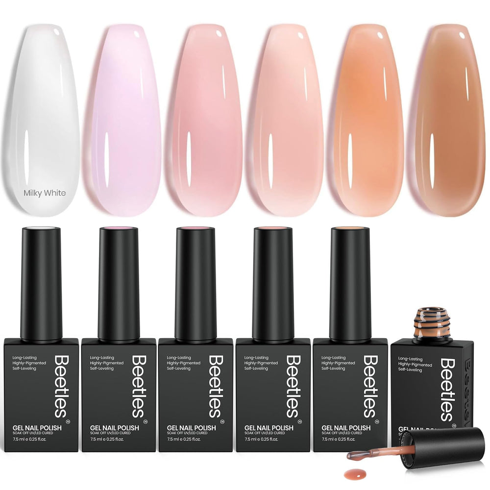 Beetles Sheer Elegance Nude kit closeup shows six jelly colors for versatile nail designs.