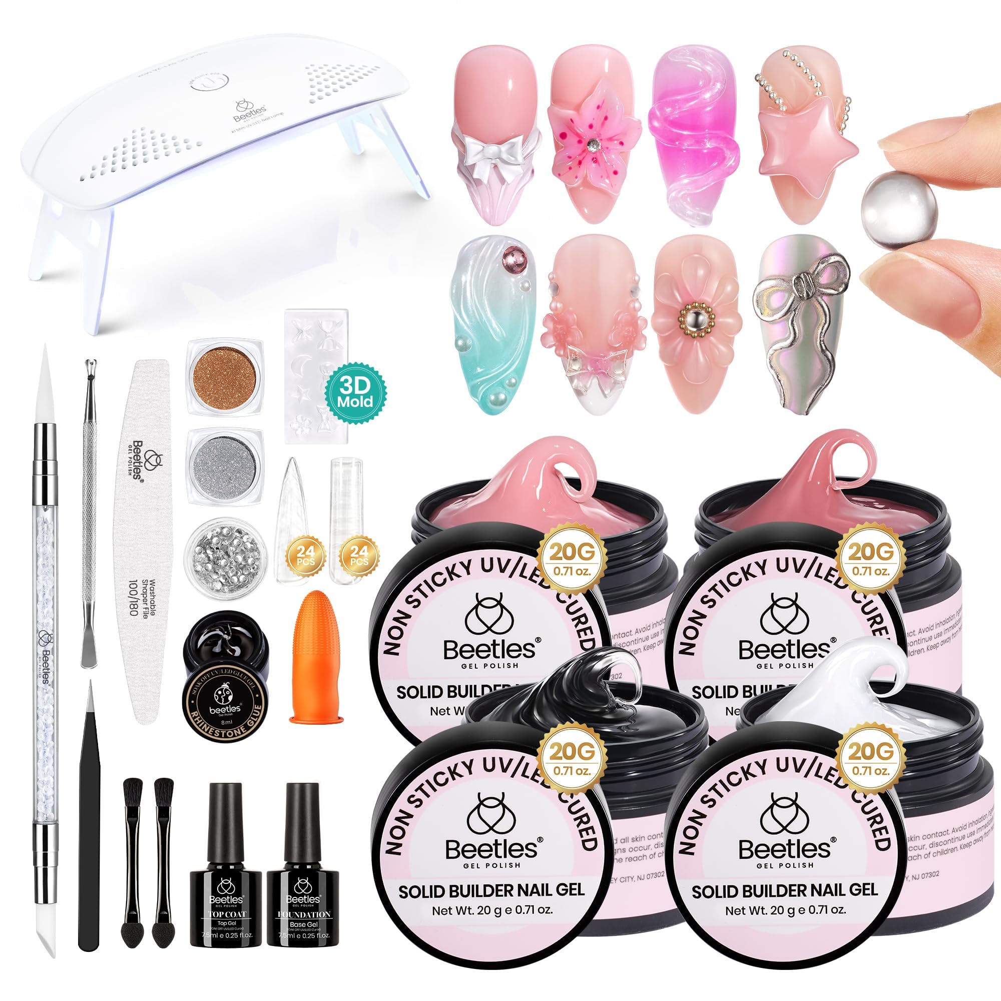 Beetles Solid Builder Gel kit in clear shade for durable 3D nail sculpting at home.