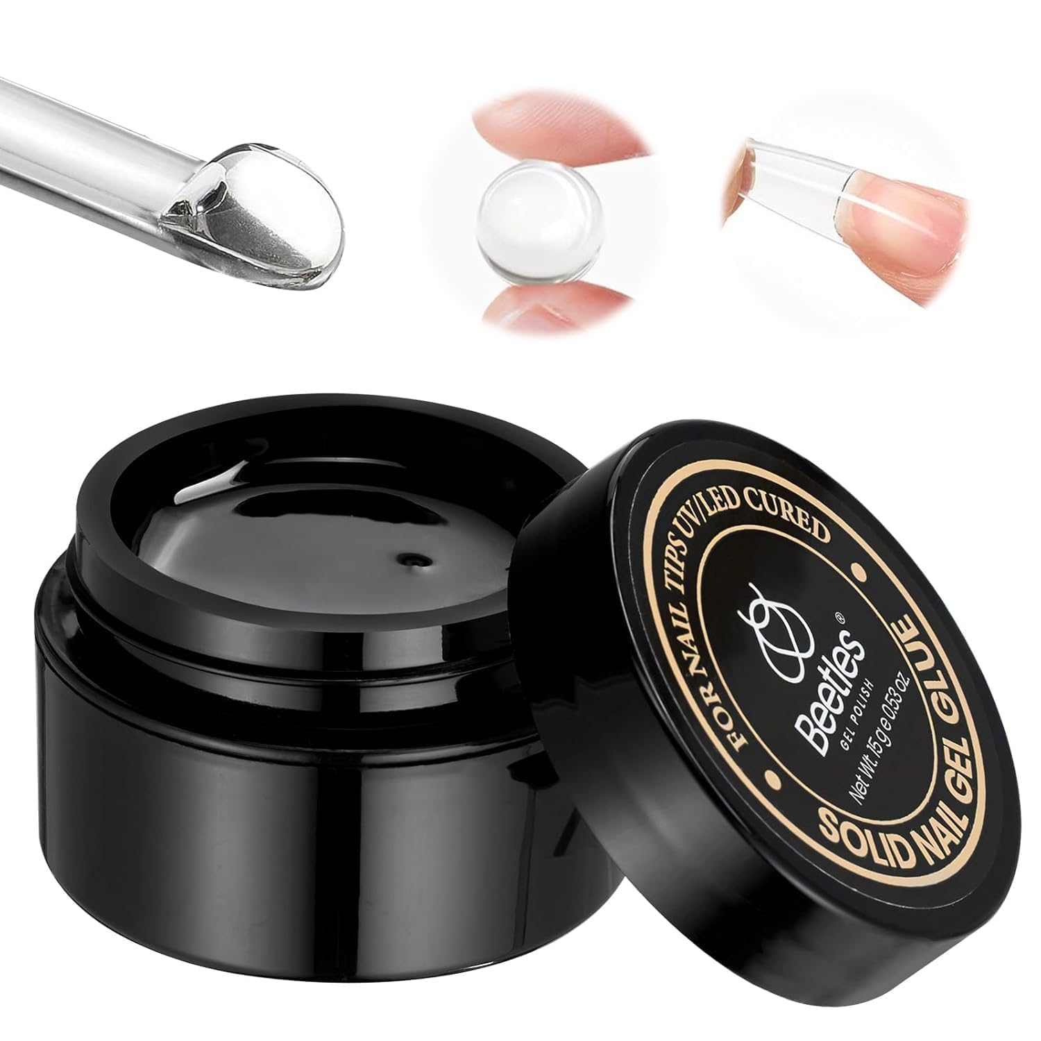 Beetles Solid Nail Glue Gel 15g bottle ready to seal tips with strong adhesion.