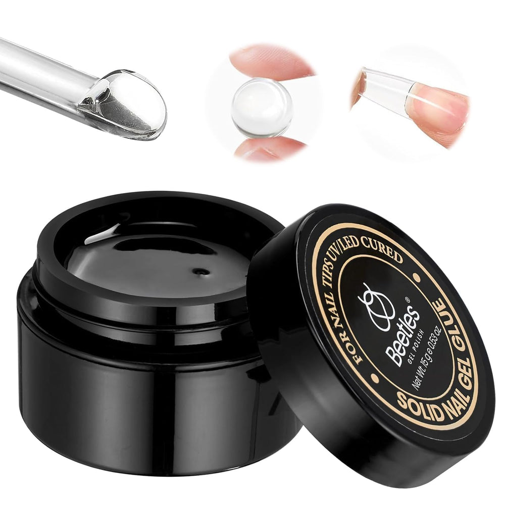 Beetles Solid Nail Glue Gel 15g bottle ready to seal tips with strong adhesion.